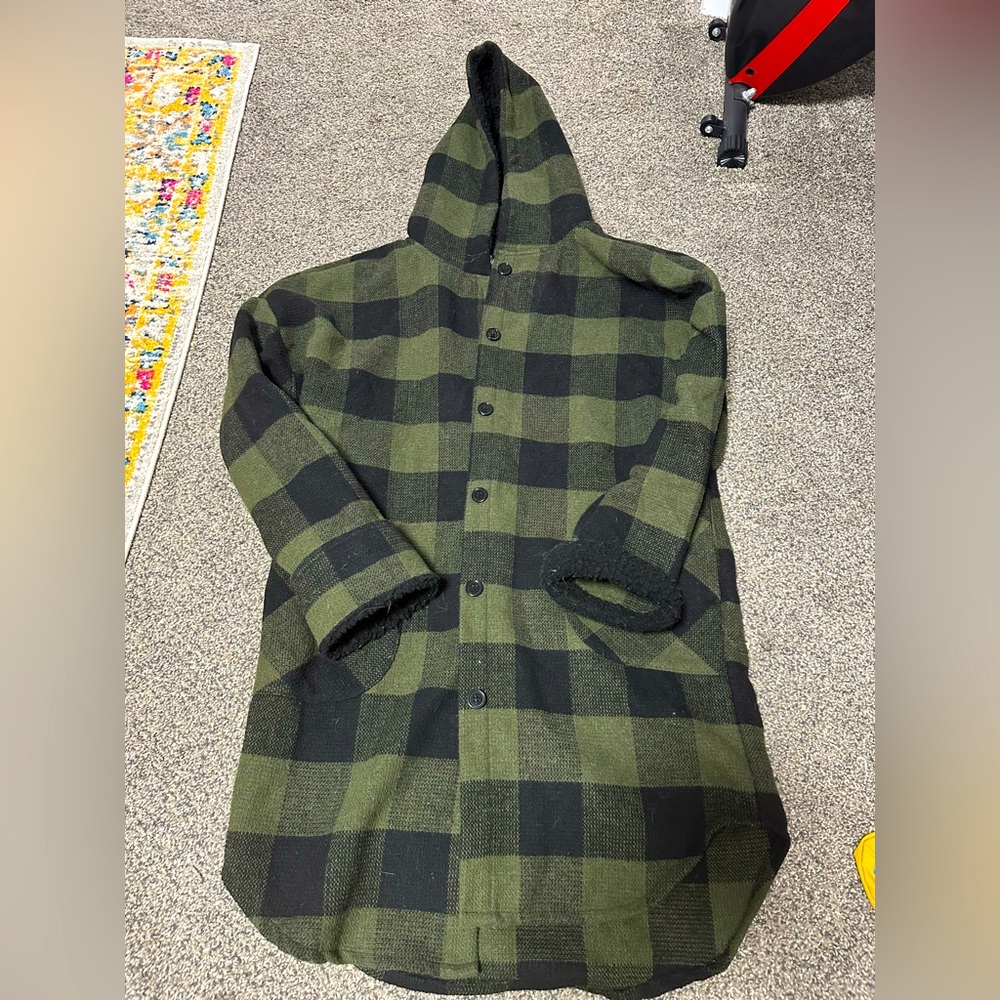 Sz M Green and Black Plaid Hooded Coat